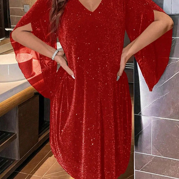 Red Party Women's V-Neck Split Sleeve Dress - Picture 5 of 8